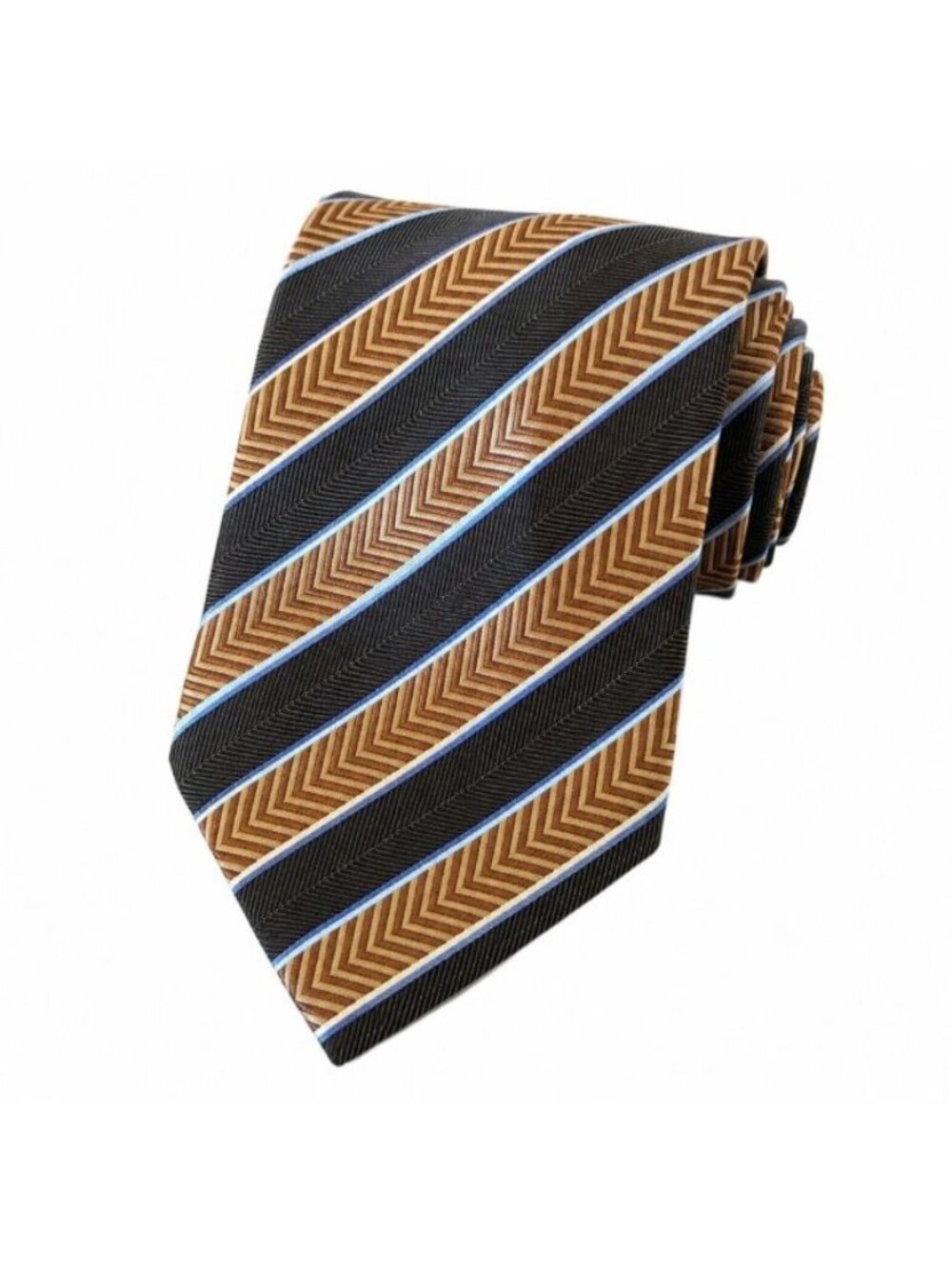 XMI Platinum Silk Tie Mens Chevron Striped Geometric Brown Blue Tie Made In USA